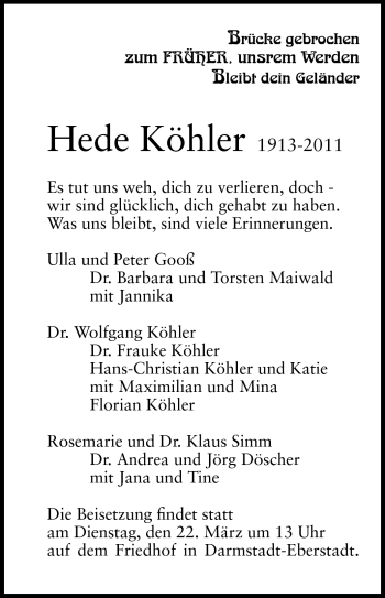 Traueranzeige von Hede Köhler von Echo-Zeitungen (Gesamtausgabe)