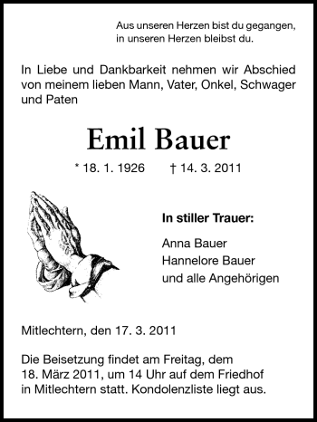 Traueranzeige von Emil Bauer von Starkenburger Echo