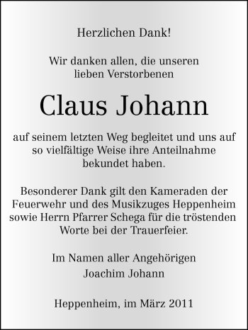 Traueranzeige von Claus Johann von Starkenburger Echo