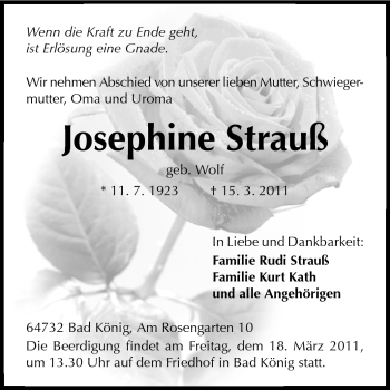 Traueranzeige von Josephine Strauß von Odenwälder Echo
