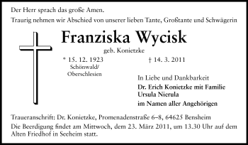 Traueranzeige von Franziska Wycisk von Echo-Zeitungen (Gesamtausgabe)