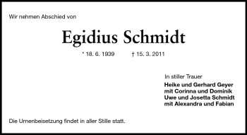 Traueranzeige von Egidius Schmidt von Rüsselsheimer Echo, Groß-Gerauer-Echo, Ried Echo