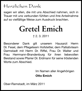 Traueranzeige von Gretel Emich von Darmstädter Echo, Odenwälder Echo, Rüsselsheimer Echo, Groß-Gerauer-Echo, Ried Echo