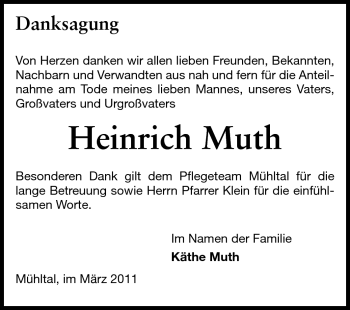 Traueranzeige von Heinrich Muth von Echo-Zeitungen (Gesamtausgabe)