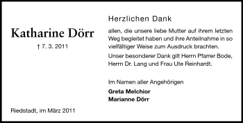 Traueranzeige von Katharine Dörr von Rüsselsheimer Echo, Groß-Gerauer-Echo, Ried Echo