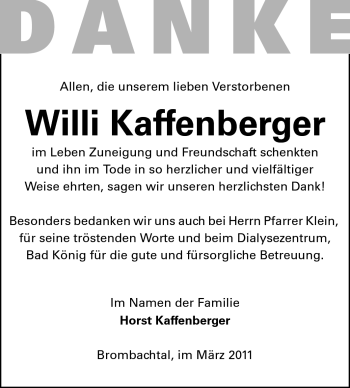 Traueranzeige von Willi Leonhard Kaffenberger von Odenwälder Echo