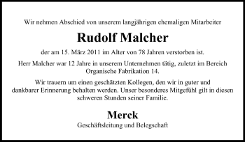 Traueranzeige von Rudolf Malcher  von Echo-Zeitungen (Gesamtausgabe)