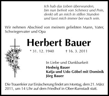 Traueranzeige von Herbert Bauer von Darmstädter Echo, Odenwälder Echo, Rüsselsheimer Echo, Groß-Gerauer-Echo, Ried Echo