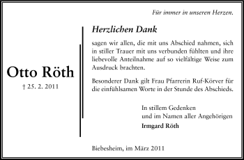 Traueranzeige von Otto Röth von Rüsselsheimer Echo, Groß-Gerauer-Echo, Ried Echo