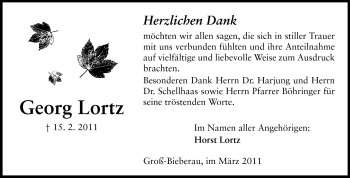 Traueranzeige von Georg Lortz von Darmstädter Echo, Odenwälder Echo, Rüsselsheimer Echo, Groß-Gerauer-Echo, Ried Echo