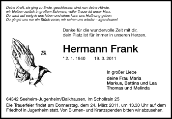 Traueranzeige von Hermann Frank von Echo-Zeitungen (Gesamtausgabe)
