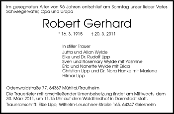 Traueranzeige von Robert Gerhard von Echo-Zeitungen (Gesamtausgabe)