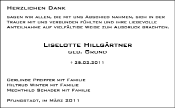 Traueranzeige von Lieselotte Hillgärtner von Echo-Zeitungen (Gesamtausgabe)