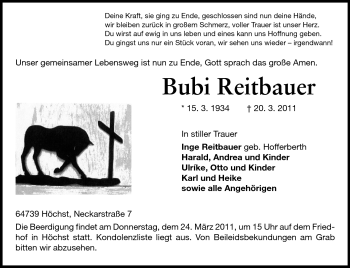 Traueranzeige von Bubi Reitbauer von Echo-Zeitungen (Gesamtausgabe)