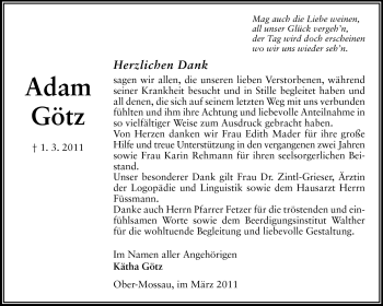 Traueranzeige von Adam Götz von Odenwälder Echo