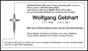 Traueranzeige von Wolfgang Gebhart von Darmstädter Echo, Odenwälder Echo, Rüsselsheimer Echo, Groß-Gerauer-Echo, Ried Echo