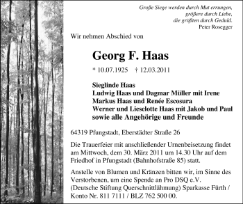 Traueranzeige von Georg F. Haas von Echo-Zeitungen (Gesamtausgabe)