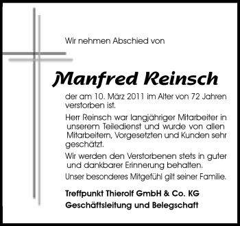 Traueranzeige von Manfred Reinsch von Odenwälder Echo
