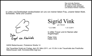 Traueranzeige von Sigrid Vink von Darmstädter Echo, Odenwälder Echo, Rüsselsheimer Echo, Groß-Gerauer-Echo, Ried Echo