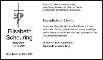 Traueranzeige von Elisabetha Scheuring von Darmstädter Echo, Odenwälder Echo, Rüsselsheimer Echo, Groß-Gerauer-Echo, Ried Echo