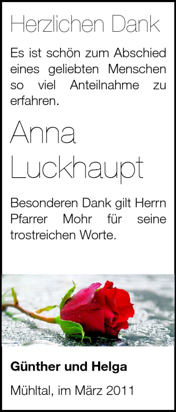 Traueranzeige von Anna Luckhaupt von Echo-Zeitungen (Gesamtausgabe)