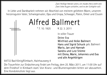 Traueranzeige von Alfred Ballmert von Odenwälder Echo