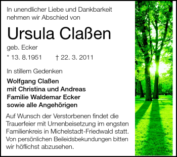 Traueranzeige von Ursula Claßen von Rüsselsheimer Echo, Groß-Gerauer-Echo, Ried Echo