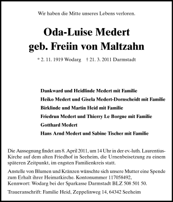Traueranzeige von Oda-Luise Medert von Echo-Zeitungen (Gesamtausgabe)