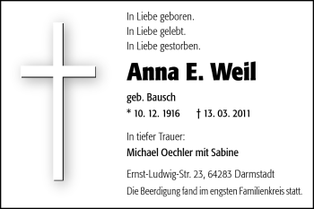 Traueranzeige von Anna Weil von Echo-Zeitungen (Gesamtausgabe)
