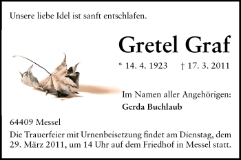 Traueranzeige von Gretel Graf von Darmstädter Echo, Odenwälder Echo, Rüsselsheimer Echo, Groß-Gerauer-Echo, Ried Echo