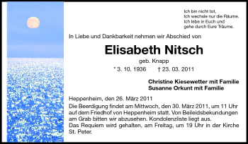 Traueranzeige von Elisabeth Nitsch von Starkenburger Echo