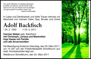 Traueranzeige von Adolf Backfisch von Odenwälder Echo