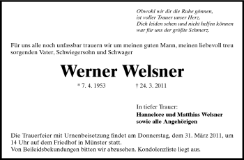 Traueranzeige von Werner Welsner von Darmstädter Echo, Odenwälder Echo, Rüsselsheimer Echo, Groß-Gerauer-Echo, Ried Echo