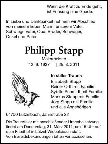 Traueranzeige von Philipp Stapp von Odenwälder Echo