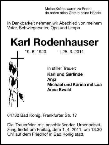 Traueranzeige von Karl Rodenhauser von Odenwälder Echo