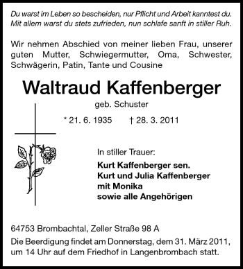 Traueranzeige von Waltraud Kaffenberger von Odenwälder Echo