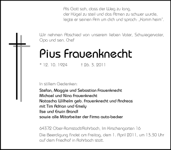Traueranzeige von Pius Frauenknecht von Echo-Zeitungen (Gesamtausgabe)