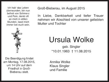 Traueranzeige von Ursula Wolke von trauer.echo-online.de