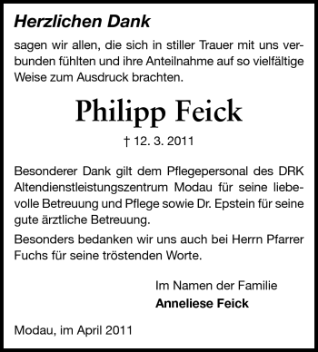 Traueranzeige von Philipp Feick von Darmstädter Echo, Odenwälder Echo, Rüsselsheimer Echo, Groß-Gerauer-Echo, Ried Echo