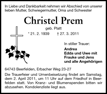 Traueranzeige von Christel Prem von Odenwälder Echo