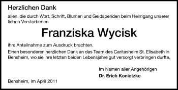 Traueranzeige von Franziska Wycisk von Echo-Zeitungen (Gesamtausgabe)