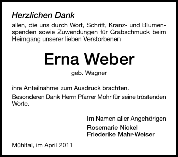 Traueranzeige von Erna Weber von Echo-Zeitungen (Gesamtausgabe)