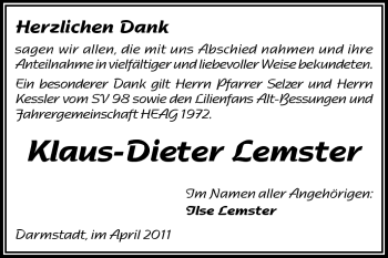 Traueranzeige von Klaus-Dieter Lemster von Darmstädter Echo, Odenwälder Echo, Rüsselsheimer Echo, Groß-Gerauer-Echo, Ried Echo