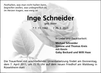 Traueranzeige von Inge Schneider von Rüsselsheimer Echo, Groß-Gerauer-Echo, Ried Echo