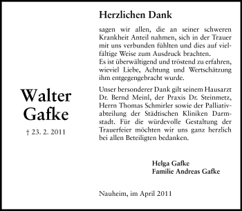 Traueranzeige von Walter Gafke von Darmstädter Echo, Odenwälder Echo, Rüsselsheimer Echo, Groß-Gerauer-Echo, Ried Echo