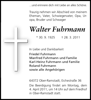 Traueranzeige von Walter Fuhrmann von Darmstädter Echo, Odenwälder Echo, Rüsselsheimer Echo, Groß-Gerauer-Echo, Ried Echo