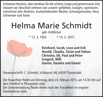 Traueranzeige von Helma Marie Schmidt von Darmstädter Echo, Odenwälder Echo, Rüsselsheimer Echo, Groß-Gerauer-Echo, Ried Echo