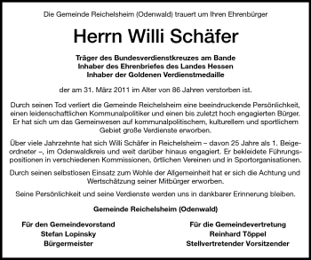 Traueranzeige von Willi Schäfer von Darmstädter Echo, Odenwälder Echo, Rüsselsheimer Echo, Groß-Gerauer-Echo, Ried Echo