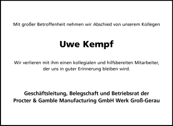Traueranzeige von Uwe Kempf von Rüsselsheimer Echo, Groß-Gerauer-Echo, Ried Echo