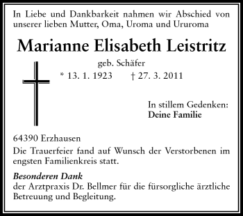 Traueranzeige von Marianne Elisabeth Leistritz von Echo-Zeitungen (Gesamtausgabe)